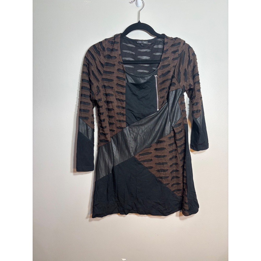 Boho Chic Womens Mixed Media Burnout Tunic Top Faux Leather Zip Brown Black L